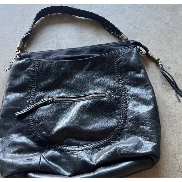 Vintage The Sak Indio Black Leather Hobo Shoulder Bag Braided Strap Handbag - Picture 3 of 13